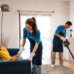 Asian young man and woman cleaning service worker work in living room. Attractive housekeeper cleaner team wear apron and cleaning messy dirty floor for housekeeping housework and chores in house.
